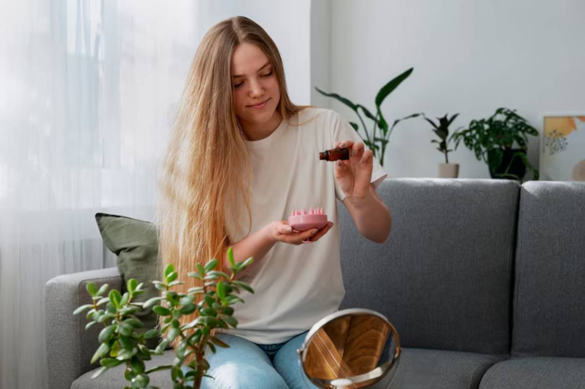 A person with long hair holds a bottle and pink hair product while sitting on a couch surrounded by plants and a mirror.