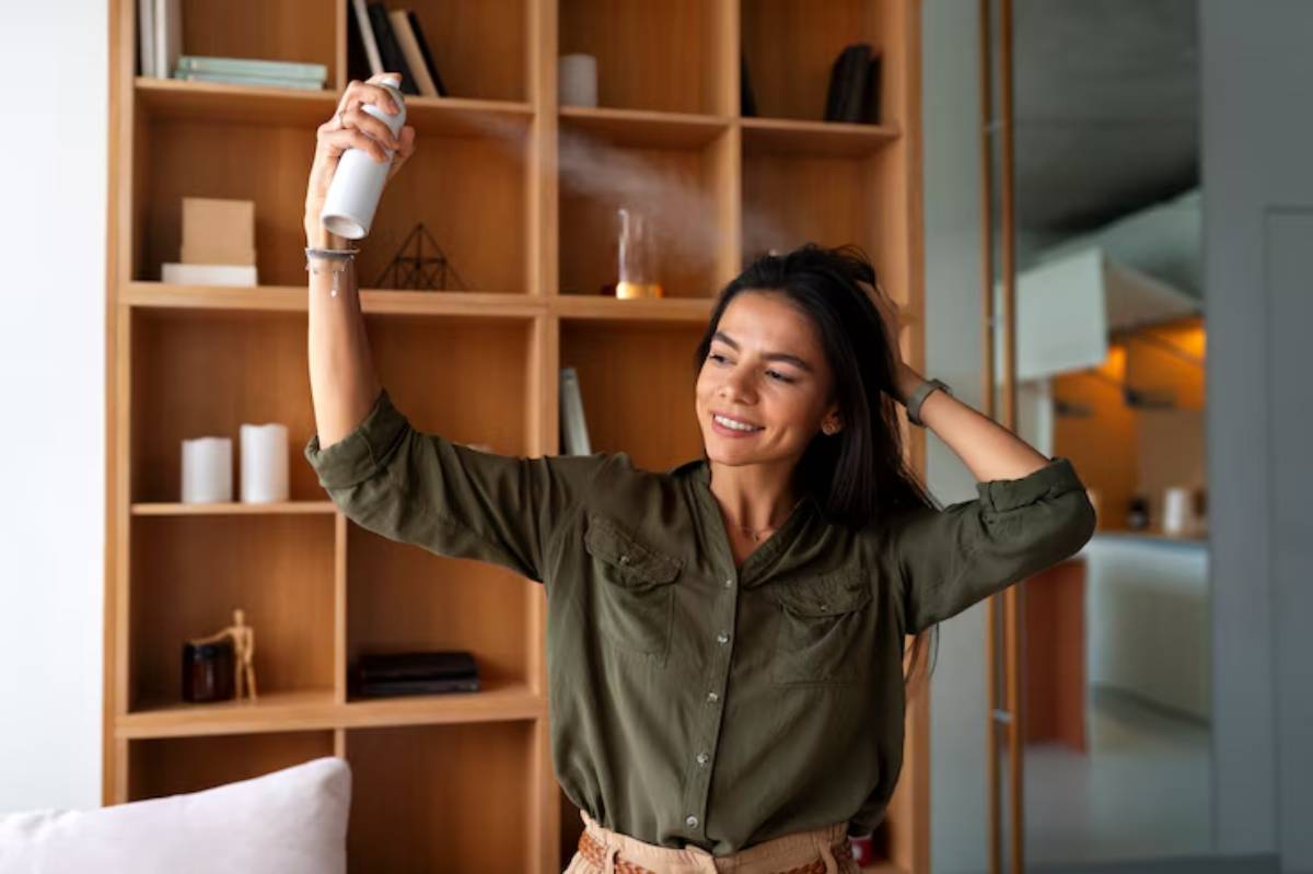 A person sprays a product into their hair, standing in a stylish room with wooden shelves and soft lighting in the background.