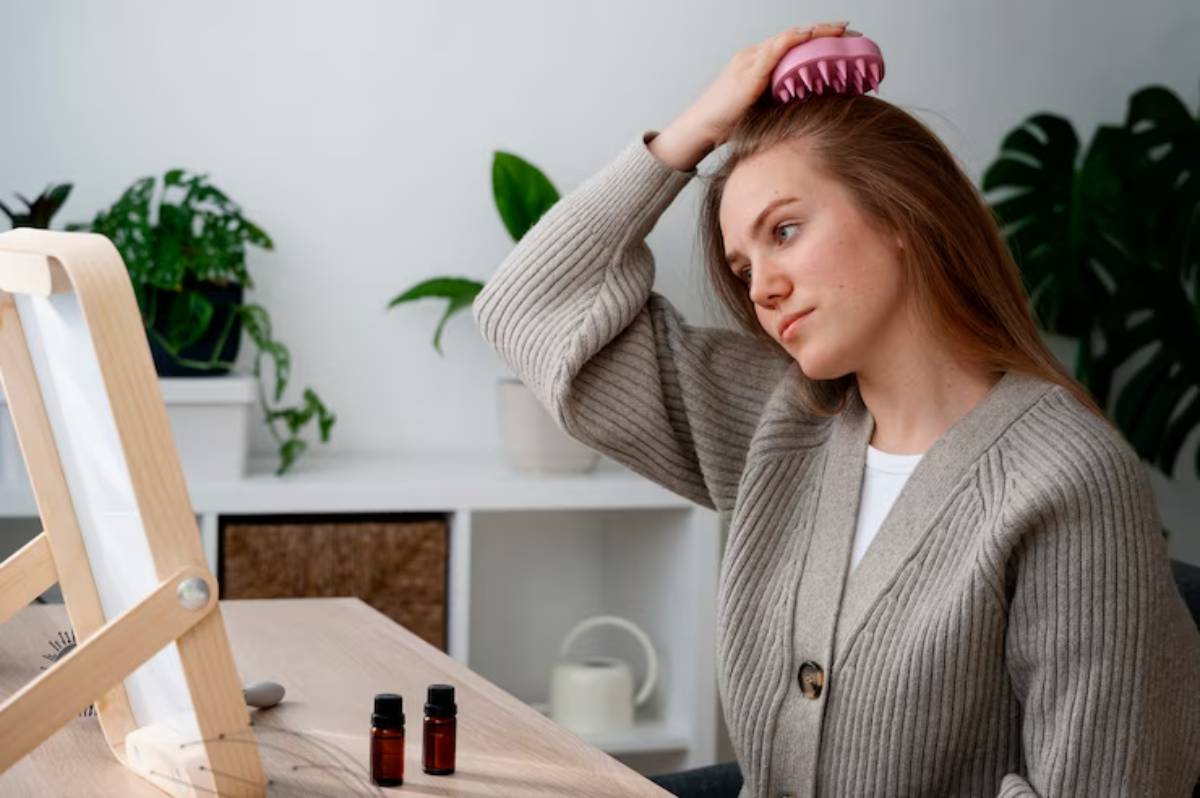 A woman uses a pink hair scalp massager while sitting at a table with essential oils and plants in a bright, cozy space.